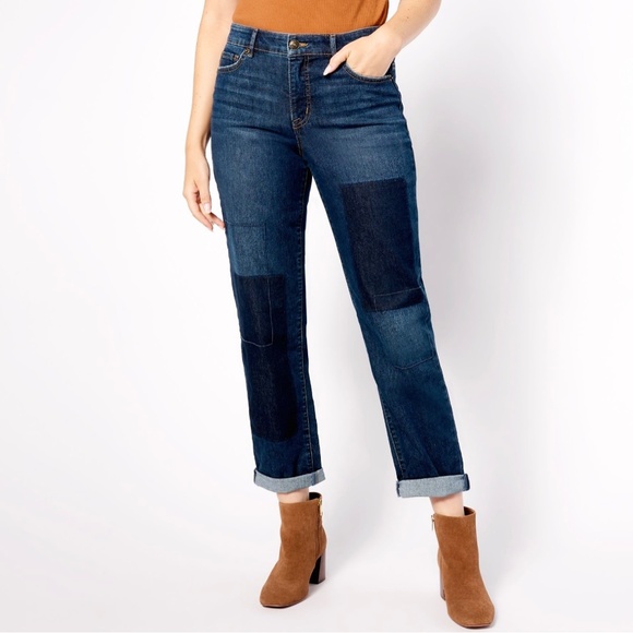 Logo by Lori Goldstein Tall Shadow Patch Boyfriend Jeans 2 tall dark wash - Picture 1 of 8